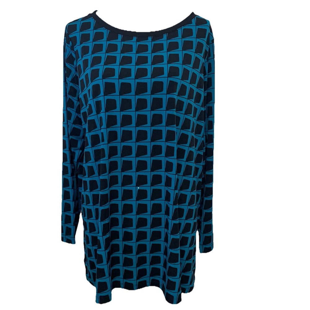Susan Graver Liquid Knit Tunic Top Woman XL Long Sleeve Turquoise Black Print